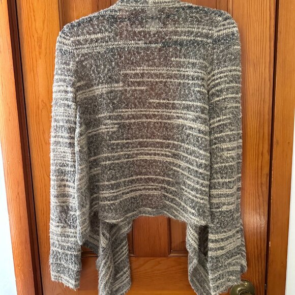 Women's Striped Open Front Waterfall Sweater - Small, Grey and White - Picture 2 of 6